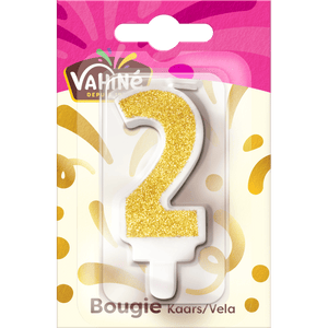 Une bougie d'anniversaire Valhin numéro 2 avec des paillettes dorées est présentée dans son emballage.