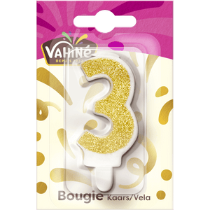 Une bougie d'anniversaire de la marque Valrhona en forme de chiffre trois, recouverte de paillettes dorées.