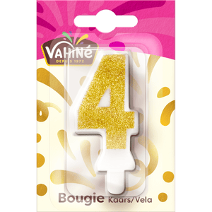 Une bougie d'anniversaire de la marque Valhue en forme de chiffre 4 avec des paillettes dorées.