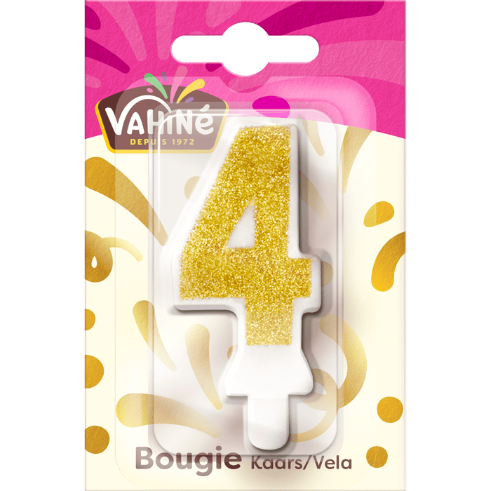 Une bougie d'anniversaire de la marque Valhue en forme de chiffre 4 avec des paillettes dorées.