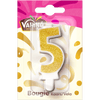Une bougie d'anniversaire de la marque Vahiné en forme de chiffre 5, avec une finition à paillettes dorées.