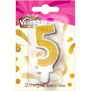 Une bougie d'anniversaire de la marque Vahiné en forme de chiffre 5, avec une finition à paillettes dorées.