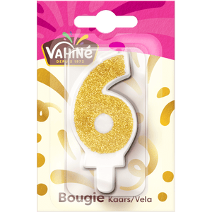 Une bougie d'anniversaire de la marque Valhue en forme de chiffre 6 avec des paillettes dorées.