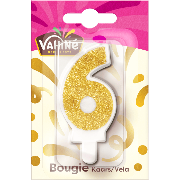 Une bougie d'anniversaire de la marque Valhue en forme de chiffre 6 avec des paillettes dorées.