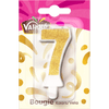 Une bougie d'anniversaire Valios numéro 7 avec des paillettes dorées.