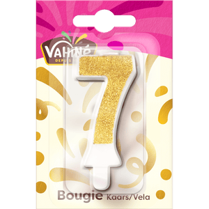Une bougie d'anniversaire Valios numéro 7 avec des paillettes dorées.