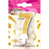 Une bougie d'anniversaire Valios numéro 7 avec des paillettes dorées.