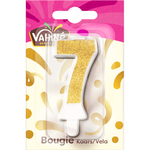 Une bougie d'anniversaire Valios numéro 7 avec des paillettes dorées.