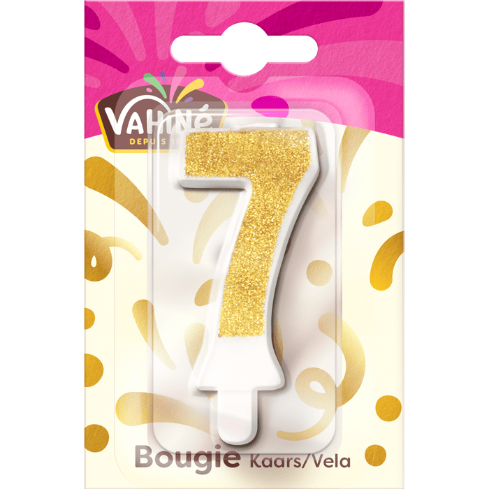 Une bougie d'anniversaire Valios numéro 7 avec des paillettes dorées.