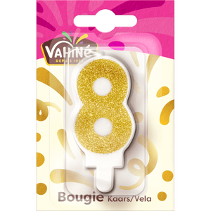 Une bougie d'anniversaire de la marque Valhús en forme de chiffre huit, recouverte de paillettes dorées.