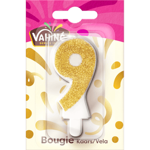 Une bougie de la marque Valiris en forme de chiffre 9, recouverte de paillettes dorées, emballée pour la vente au détail.