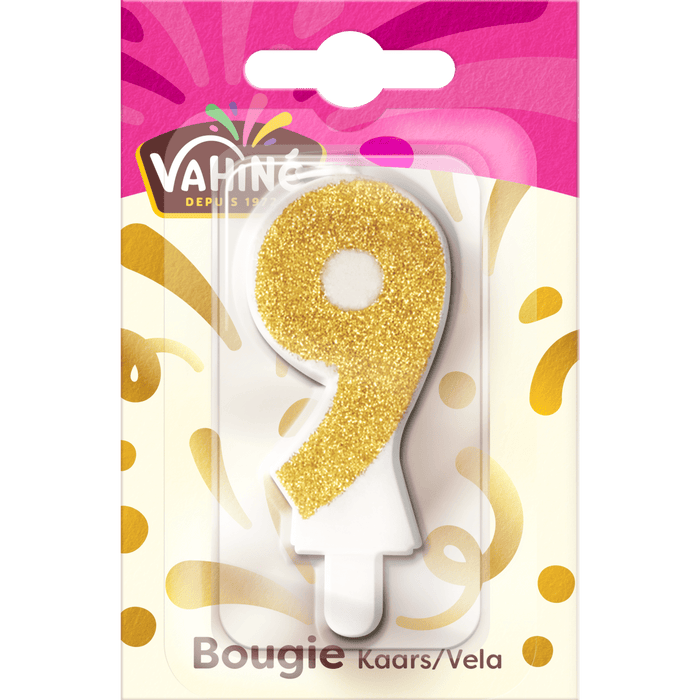 Une bougie de la marque Valiris en forme de chiffre 9, recouverte de paillettes dorées, emballée pour la vente au détail.