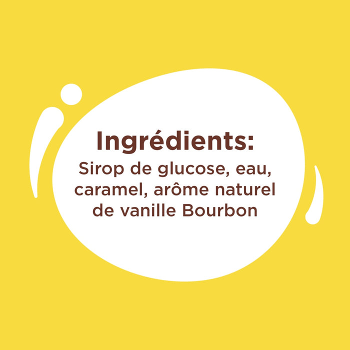 L'image montre la liste des ingrACdients d'un produit, qui comprend du sirop de glucose, de l'eau, du caramel et un arA?me naturel de vanille Bourbon.