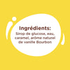 L'image montre la liste des ingrACdients d'un produit, qui comprend du sirop de glucose, de l'eau, du caramel et un arA?me naturel de vanille Bourbon.