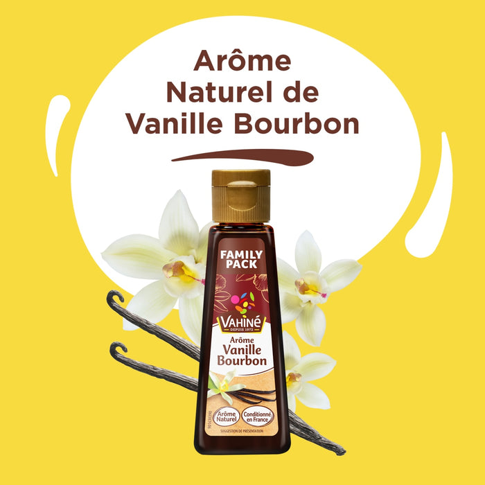 Une bouteille d'extrait de vanille Bourbon Naturel Aroma Floral est prACsentACe avec des gousses et des fleurs de vanille.