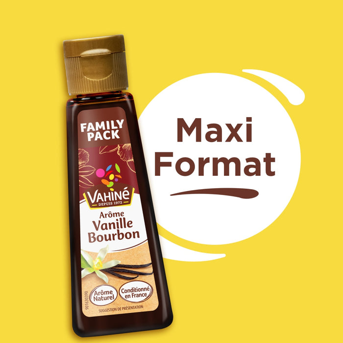Une bouteille d'extrait de vanille Bourbon Vahine en format familial, mise en ACvidence comme un format maxi.