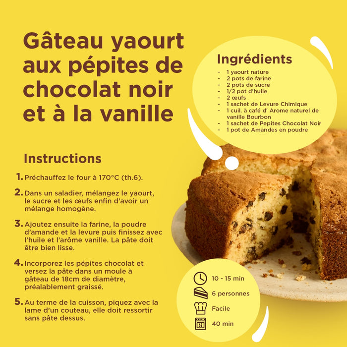 Cette image prACsente une recette de gActeau au yaourt aux pACpites de chocolat noir et A? la vanille, incluant une liste d'ingrACdients et des instructions.