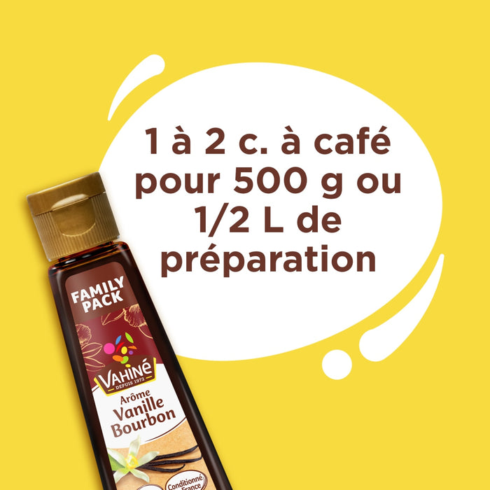 L'image montre une bouteille d'extrait de vanille Family Back avec les instructions d'utiliser 1 à 2 cuillères à café pour 500 g ou 1 2 L de préparation.