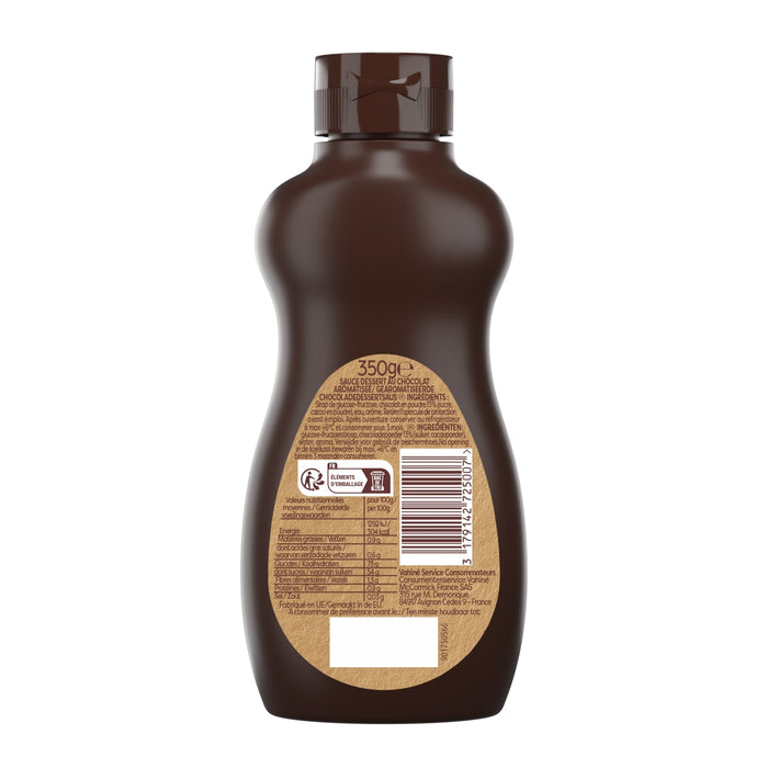 Le dos d'une bouteille de sirop au chocolat Hershey's prACsente les informations sur le produit et le code-barres.