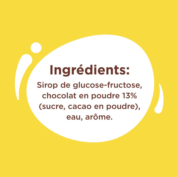 L'image montre la liste des ingrédients d'un produit alimentaire, notamment le sirop de glucose-fructose, le chocolat en poudre, le sucre, le cacao en poudre, l'eau et l'arôme.