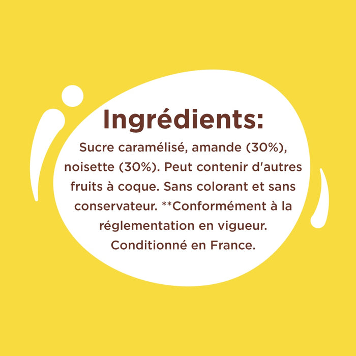 L'image affiche la liste des ingrédients d'un produit alimentaire, notamment le sucre, les amandes et les noisettes.