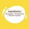 L'image affiche les ingrédients d'un produit, listant 10 bougies et 10 bobèches, et indiquant qu'il s'agit d'un produit importé.