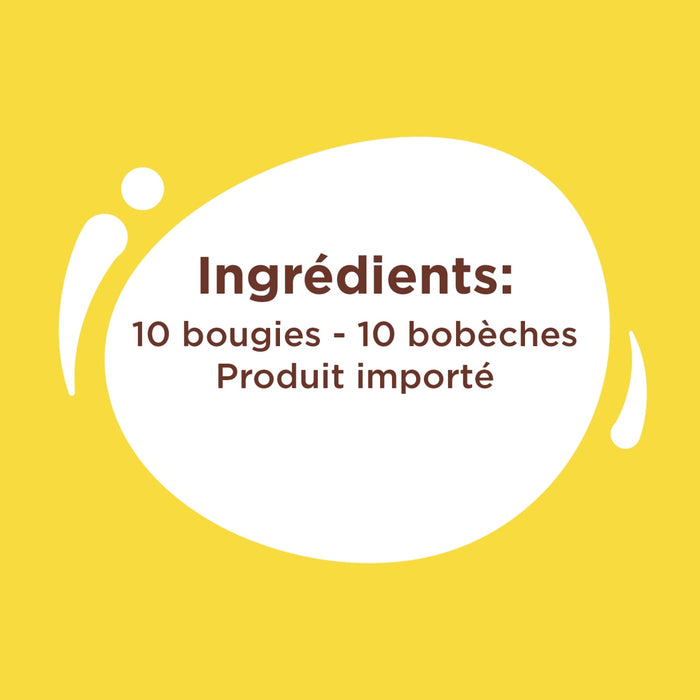 L'image affiche les ingrédients d'un produit, listant 10 bougies et 10 bobèches, et indiquant qu'il s'agit d'un produit importé.