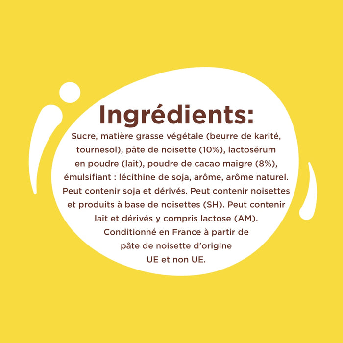 L'image affiche une liste d'ingrédients, dont le sucre, matière grasse végétale, beurre de karité, noisettes, lactosérum en poudre, lait écrémé en poudre, pâte de cacao, émulsifiant, lécithine, arôme naturel de vanille, et peut contenir d'autres fruits à coque.