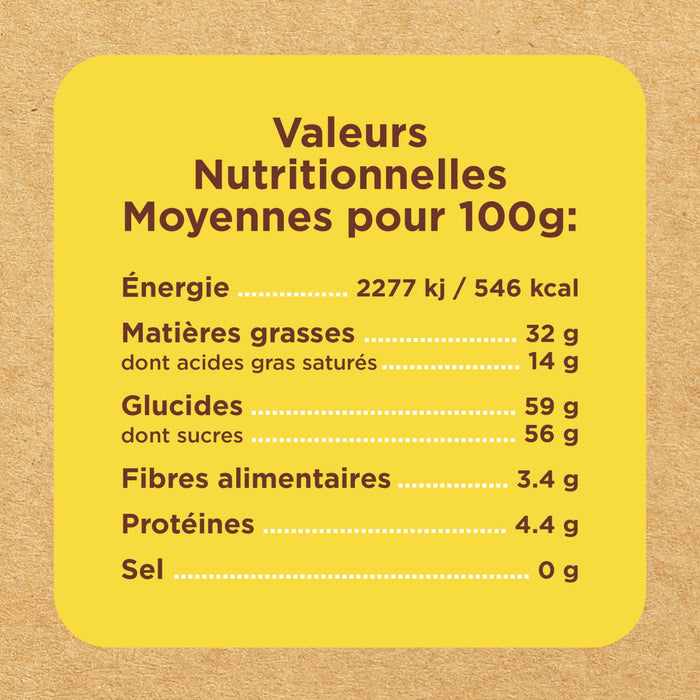 Une étiquette de valeurs nutritionnelles indique les valeurs nutritionnelles moyennes pour 100g, incluant l'énergie, les matières grasses, les glucides, les fibres, les protéines et le sel.