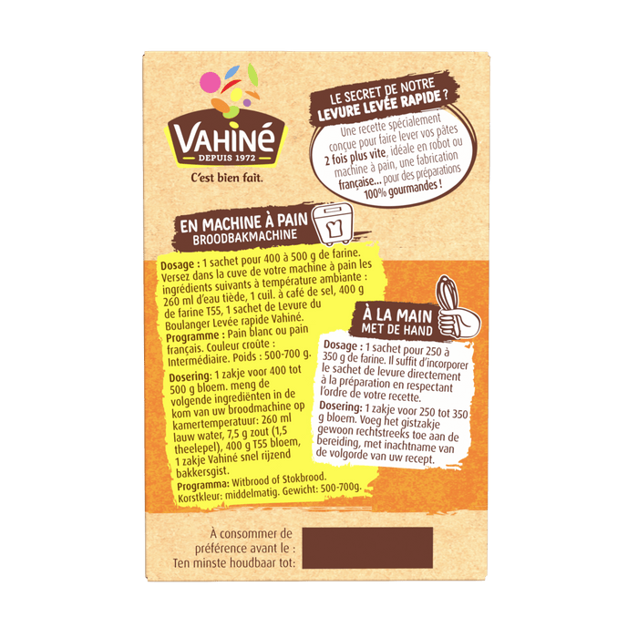 L'image montre le dos d'un emballage de produit VahinAC avec des instructions et des informations nutritionnelles.
