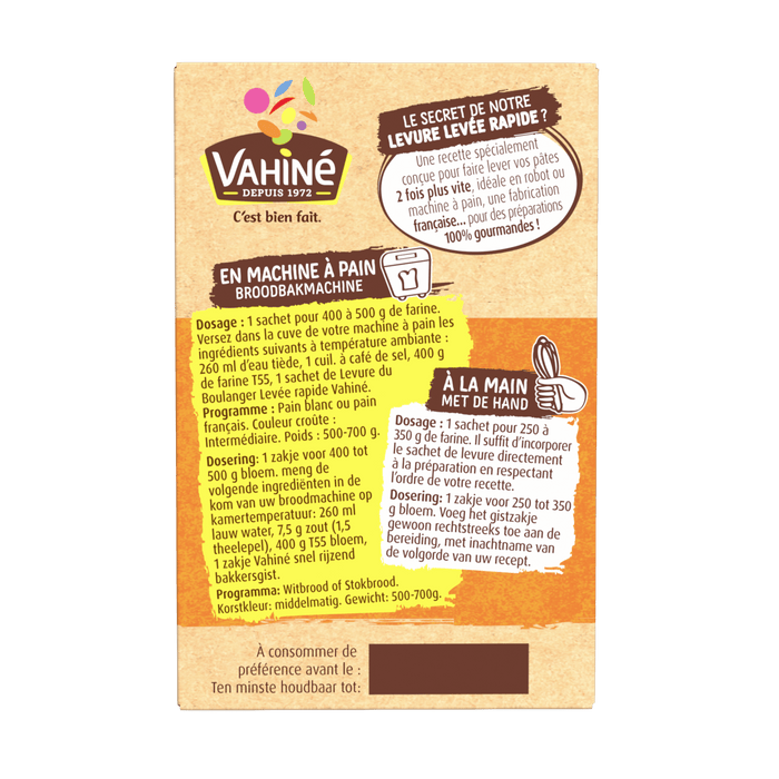 L'image montre le dos d'un emballage de produit VahinAC avec des instructions et des informations nutritionnelles.