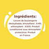 L'image présente la liste des ingrédients d'un produit, incluant de la levure de boulangerie déshydratée, un émulsifiant E491 et un antioxydant E300, conditionné en France sous atmosphère protectrice.