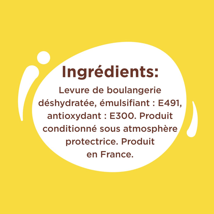 L'image présente la liste des ingrédients d'un produit, incluant de la levure de boulangerie déshydratée, un émulsifiant E491 et un antioxydant E300, conditionné en France sous atmosphère protectrice.