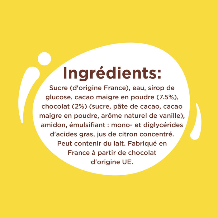 L'image montre la liste des ingrédients d'un produit alimentaire, détaillant le sucre, le sirop de glucose, le lait écrémé en poudre, le chocolat, les œufs, l'amidon de maïs, l'arôme naturel de vanille, l'émulsifiant et le jus de citron concentré.