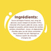 L'image montre la liste des ingrédients d'un produit alimentaire, détaillant le sucre, le sirop de glucose, le lait écrémé en poudre, le chocolat, les œufs, l'amidon de maïs, l'arôme naturel de vanille, l'émulsifiant et le jus de citron concentré.