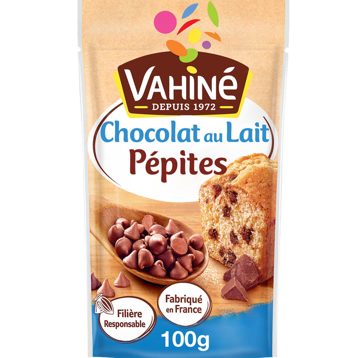 Un paquet de pépites de chocolat au lait de la marque Vahiné, idéal pour la pâtisserie.