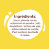 L'image montre la liste des ingrédients d'un produit alimentaire, notamment du sucre, du lait entier en poudre, du beurre de cacao, de la pâte de cacao de Côte d'Ivoire, du lactosérum en poudre, du lactose, de la lécithine de soja et un arôme naturel de vanille, avec une note indiquant qu'il peut contenir des fruits à coque.
