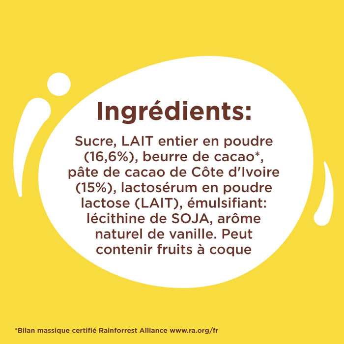 L'image montre la liste des ingrédients d'un produit alimentaire, notamment du sucre, du lait entier en poudre, du beurre de cacao, de la pâte de cacao de Côte d'Ivoire, du lactosérum en poudre, du lactose, de la lécithine de soja et un arôme naturel de vanille, avec une note indiquant qu'il peut contenir des fruits à coque.