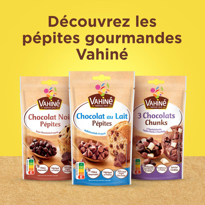 Vahiné présente une sélection de pépites gourmandes, incluant chocolat noir, chocolat au lait et chunks 3 chocolats.