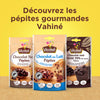 Trois produits chocolatés Vahiné, dont Vahine Sch Pepites Chocolaitx10-Va, des pépites de chocolat noir et des chunks 3 chocolats, sont présentés sur un fond jaune.