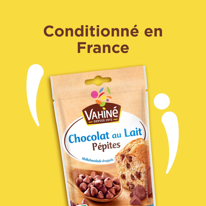 Un paquet de pépites de chocolat au lait Vahiné, indiquant qu'il est conditionné en France.