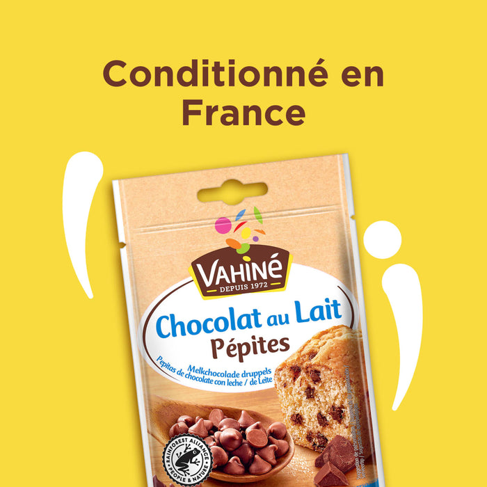Un paquet Vahiné de Vahine Sch Pepites Chocolaitx10-Va, montrant des pépites de chocolat au lait et un muffin, avec le texte Conditionné en France.