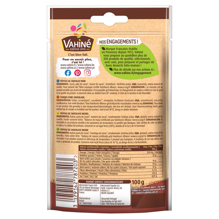 Le dos du sachet Vahiné Pépites de Chocolat Noir affichant les valeurs nutritionnelles, les ingrédients en plusieurs langues et les informations de la société McCormick.