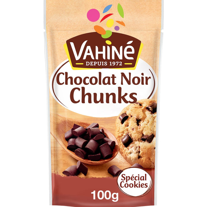 Un paquet de chunks de chocolat noir de la marque Vahiné, idéal pour la préparation de cookies.