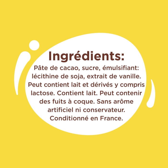 L'image montre la liste des ingrédients d'un produit alimentaire, notamment de la pâte de cacao, du sucre, de la lécithine de soja et de l'extrait de vanille, avec un avertissement indiquant qu'il peut contenir du lait et des fruits à coque.