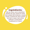 L'image montre la liste des ingrédients d'un produit alimentaire, notamment de la pâte de cacao, du sucre, de la lécithine de soja et de l'extrait de vanille, avec un avertissement indiquant qu'il peut contenir du lait et des fruits à coque.