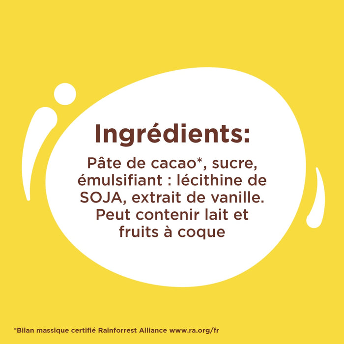 L'image montre la liste des ingrédients d'un produit alimentaire, notamment de la pâte de cacao, du sucre, de la lécithine de soja et de l'extrait de vanille, avec un avertissement indiquant qu'il peut contenir du lait et des fruits à coque.