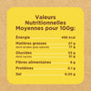 L'image montre un tableau des valeurs nutritionnelles moyennes pour 100g, incluant l'énergie, les matières grasses, les glucides, les fibres alimentaires, les protéines et le sel.