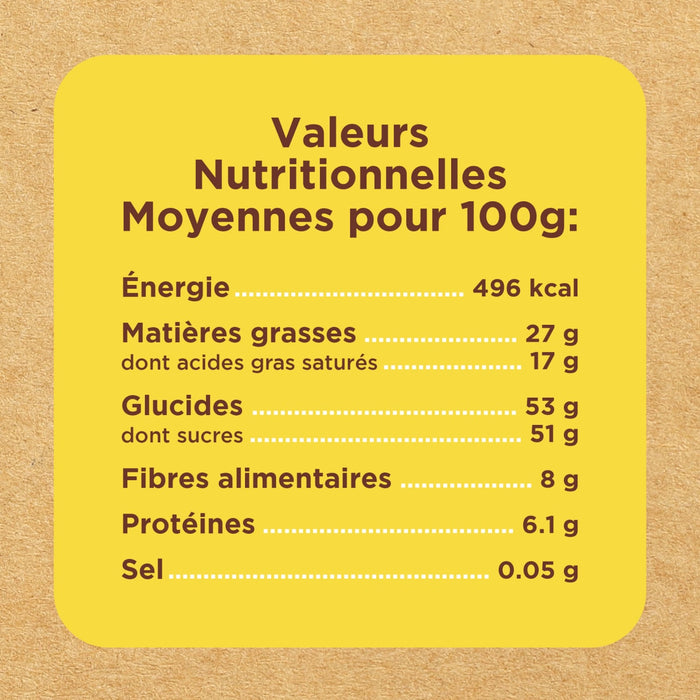 L'image montre un tableau des valeurs nutritionnelles moyennes pour 100g, incluant l'énergie, les matières grasses, les glucides, les fibres alimentaires, les protéines et le sel.