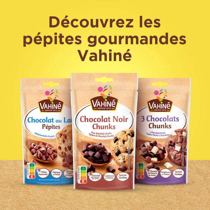 Vahiné présente une sélection de pépites de chocolat gourmandes au chocolat au lait, au chocolat noir et un mélange de trois chocolats.